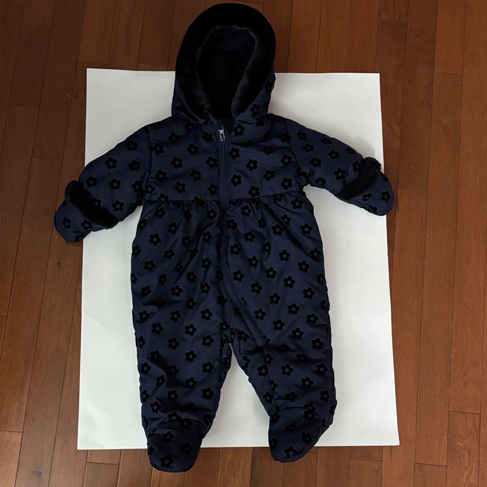 Rothschild 6-9 month Navy Snowsuit with Black Floral Accents